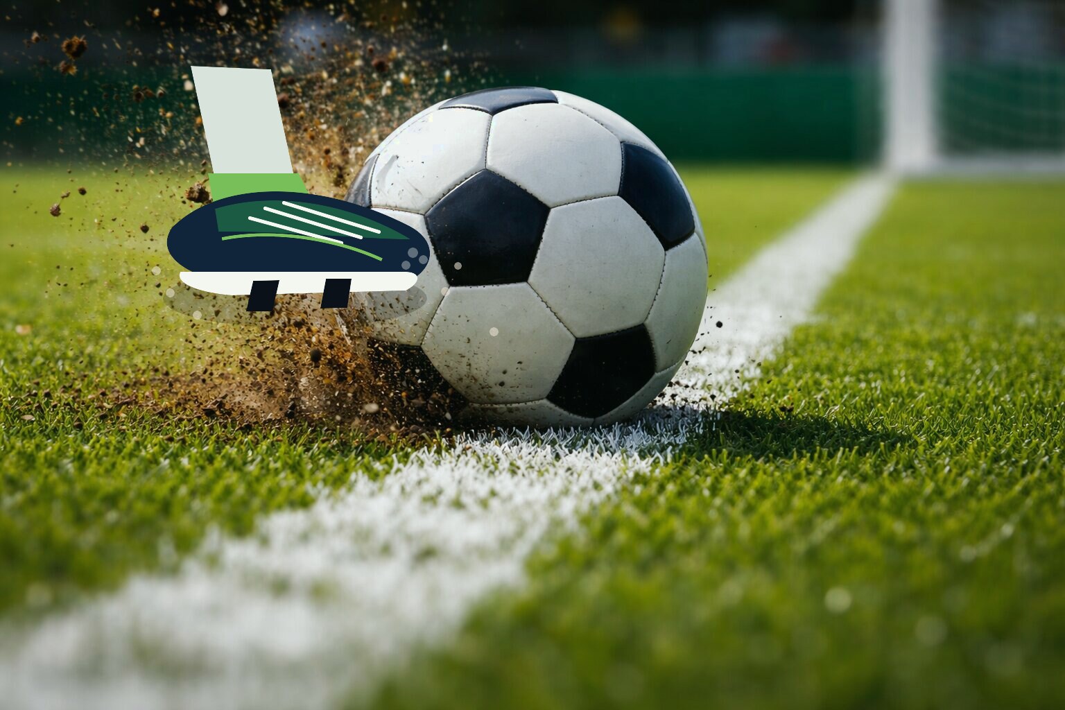 Kinderschuh kickt einen Fußball auf dem Rasen